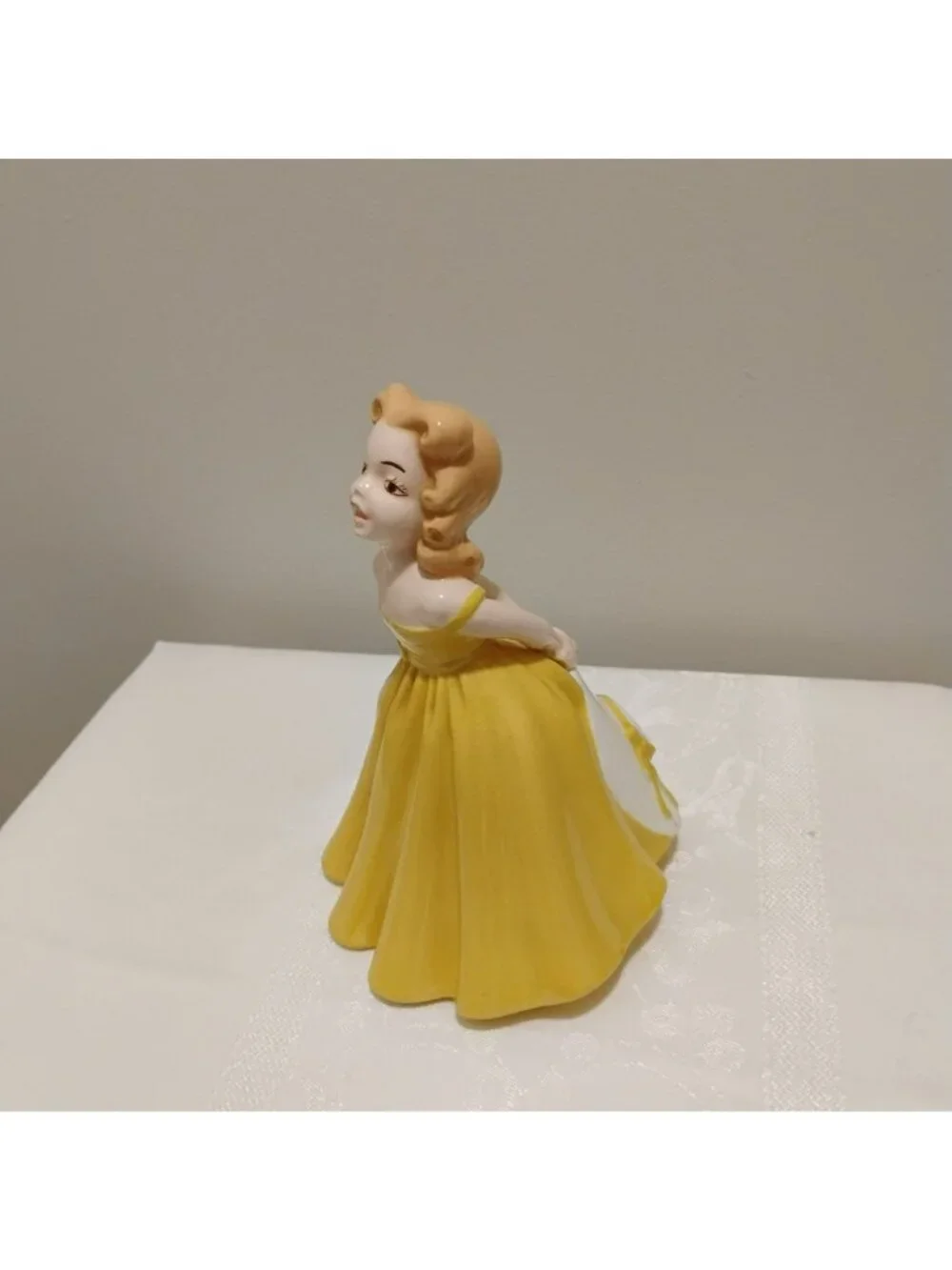 Vtg 1966 Ceramic Girl Figurine Yellow Ballgown Dress Sun Hat Hand Painted MCM